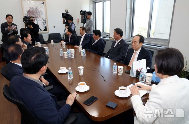 이인선 국민의힘 대구시당 공천관리위원장이 19일 오후 서울 여의도 국회에서 후보자, 지역 의원 등과 대구시장 경선 관련 간담회를 하고 있다. 뉴시스