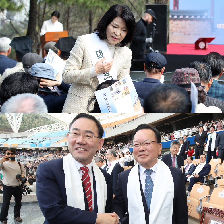 국민의힘 대구시장 경선에서 컷오프(공천 배제)된 이진숙 전 방송통신위원장이 지난 3일 오전 대구 수성구 노변동 사직단에서 열린 수성사직제를 찾아 시민과 인사 나누고 있다. 뉴스1<br><br>민주당 후보로 대구시장에 출마하는 김부겸 전 총리와 국힘 공천 배제(컷오프)된 주호영 국회부의장이 5일 대구스타디움에서 열린 '2026 대구 기독교 부활절 연합예배'에서 만나 악수하고 있다. 뉴스1