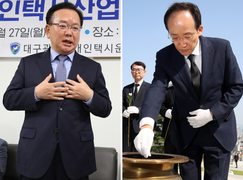 김부겸 더불어민주당 대구시장 후보(왼쪽)가 27일 오후 대구지역 개인택시산업 정책 간담회에 참석해 발언하고 있다. 추경호 국민의힘 대구시장 후보는 같은날 오전 첫 공식 일정으로 앞산 충혼탑을 찾아 참배하고 있다. 뉴스1