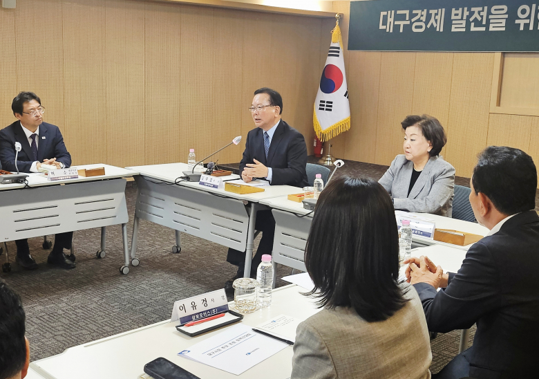 김부겸 더불어민주당 대구시장 예비후보가 대구상공회의소를 찾아 경제인인들과 간담회를 하고 있다. 뉴스1