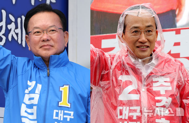 김부겸(왼쪽) 더불어민주당 대구시장 후보가 27일 오전 대구 북구 태전네거리에서, 추경호 국민의힘 대구시장 후보가 대구 북구 팔달교에서 각각 출근길 시민들에게 지지를 호소하며 인사하고 있다. 뉴시스